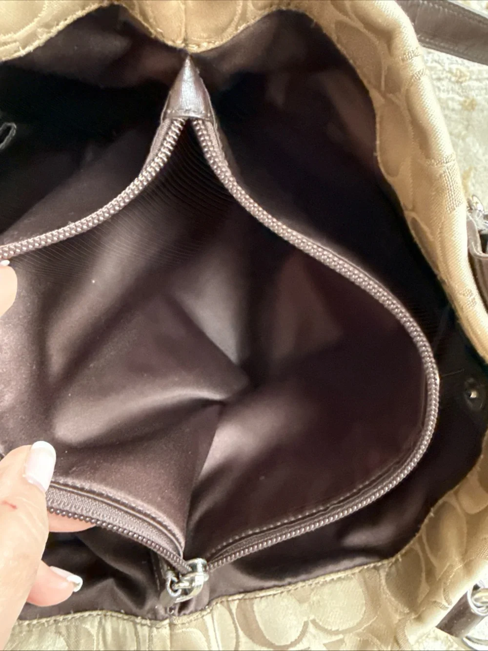 Coach Beige Signature Tote with Dark Brown Leather Trim